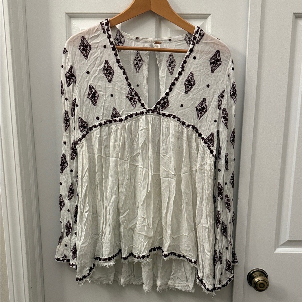 Free People White and Brown Diamond Embroidered Bell Sleeve Tunic